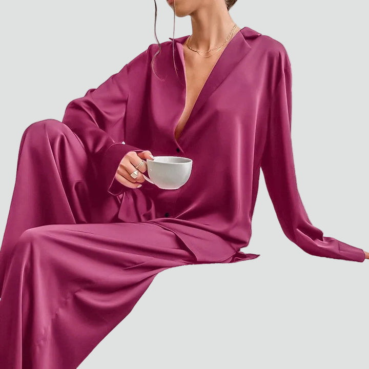 Women's satin-look pajama set with button-up shirt and pants
