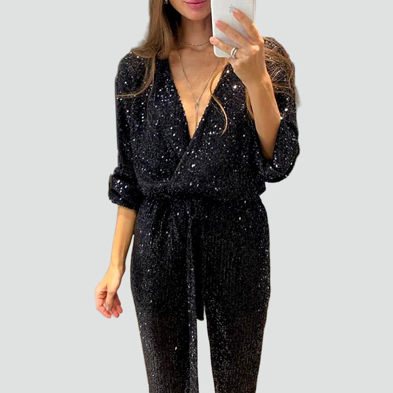 Glittery women's party jumpsuit with belt