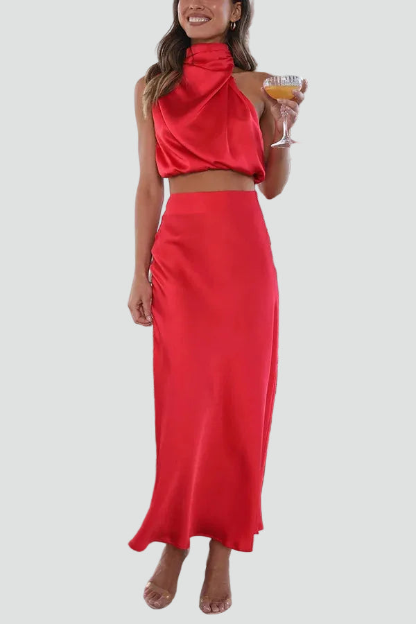Elegant women's maxi set with a satin top and skirt