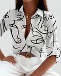 Women's oversized shirt with abstract line art print and buttons