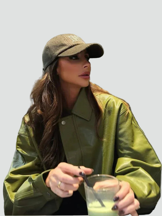 Women's oversized leather shirt jacket with collar for everyday wear