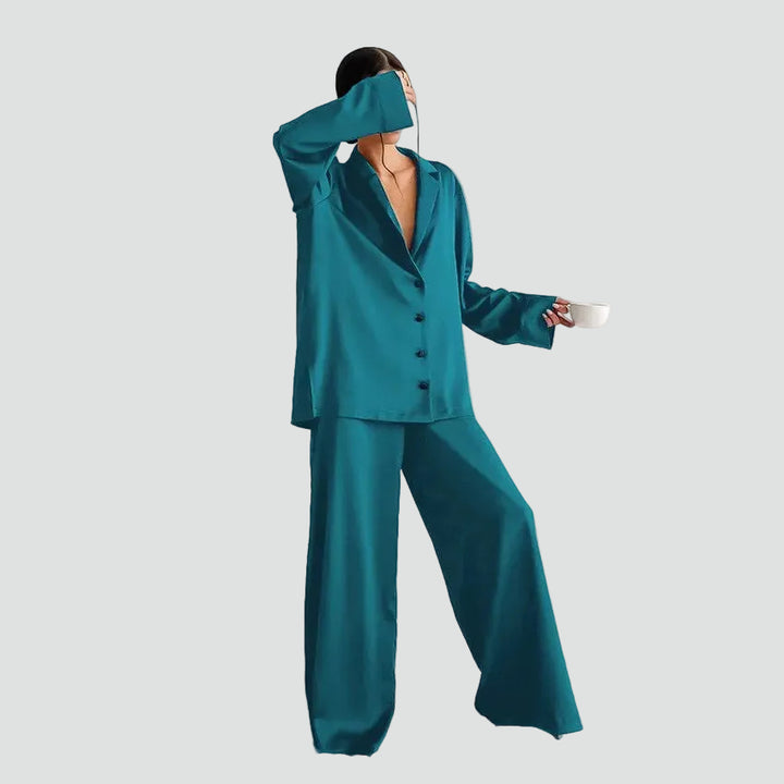 Women's satin-look pajama set with button-up shirt and pants