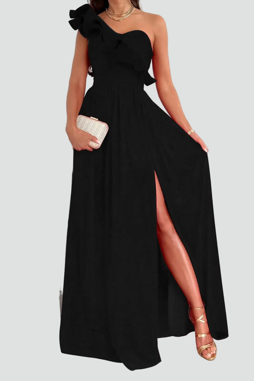 Maxi evening dress for a wedding with a slit and ruffle