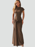 Fitted maxi evening dress with ruching and short sleeves
