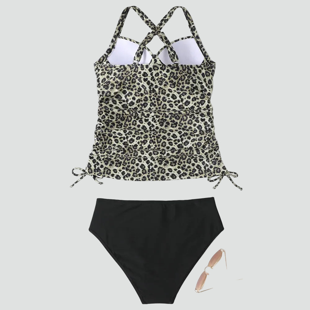 Women's halter tankini set with ruching and side ties