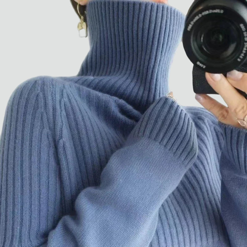 Ciepły prążkowany golf damski oversize sweter zimowy