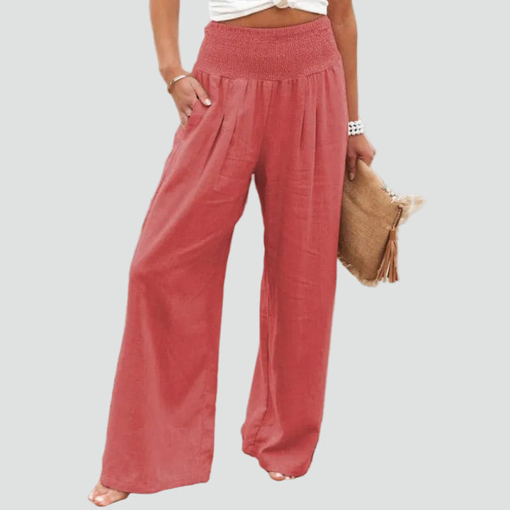 Summer palazzo pants with a gathered waist and loose fit