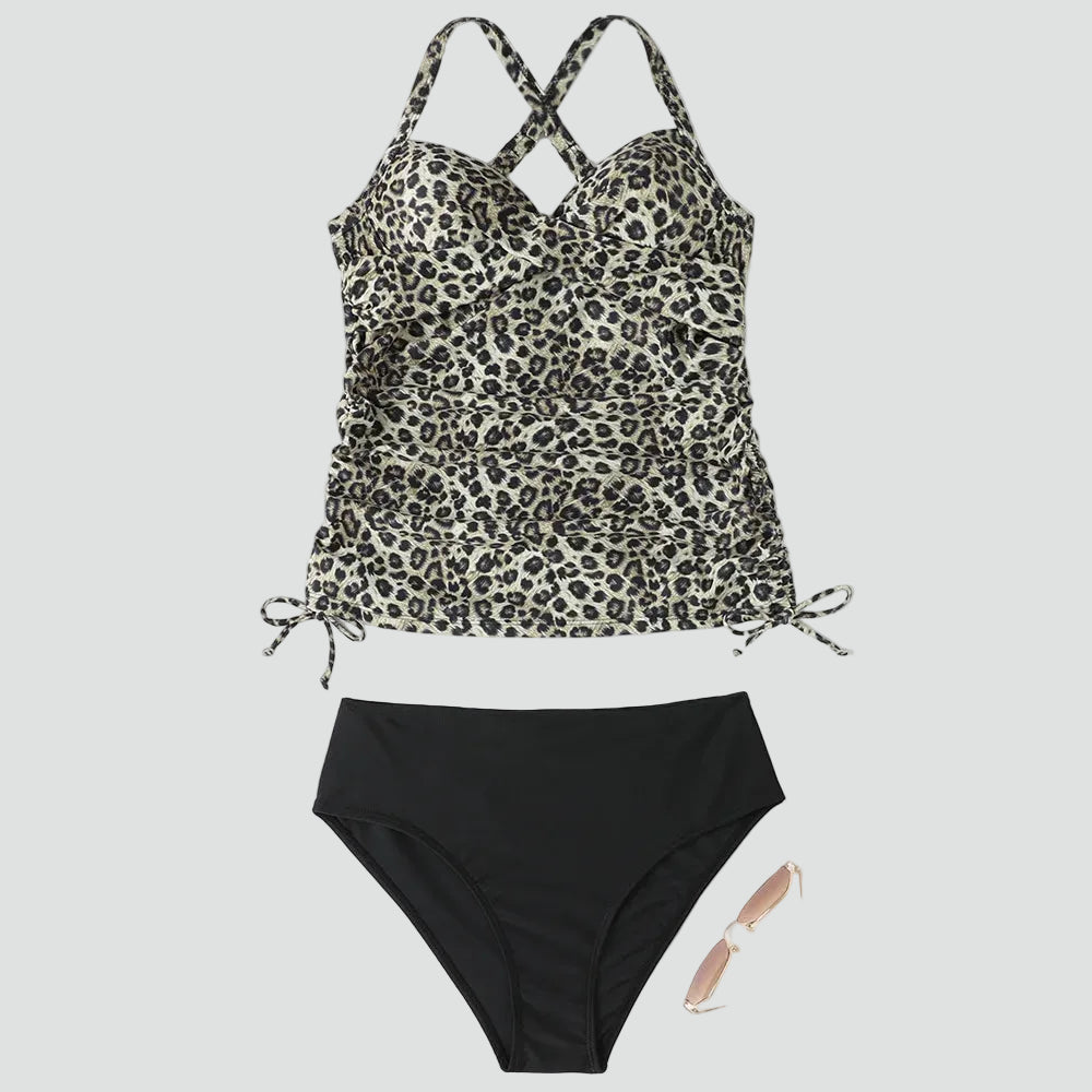 Women's halter tankini set with ruching and side ties