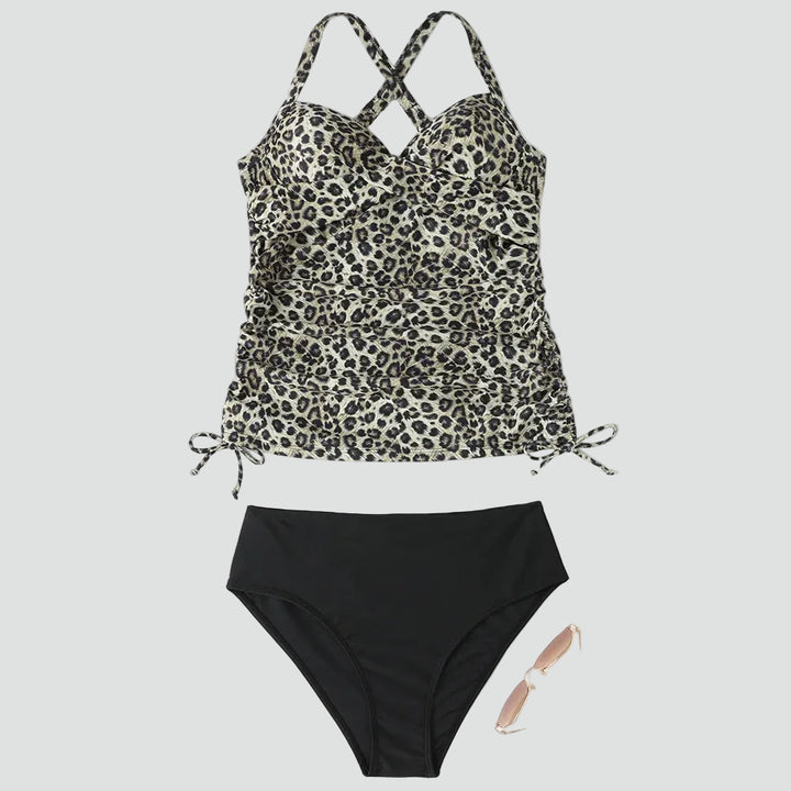 Women's halter tankini set with ruching and side ties
