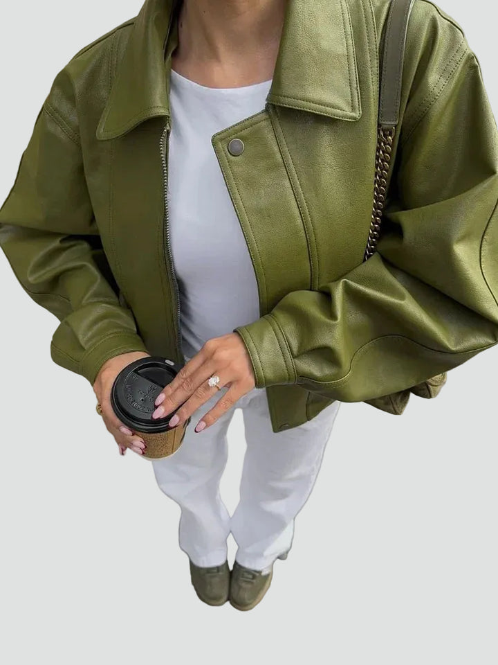 Women's oversized leather shirt jacket with collar for everyday wear