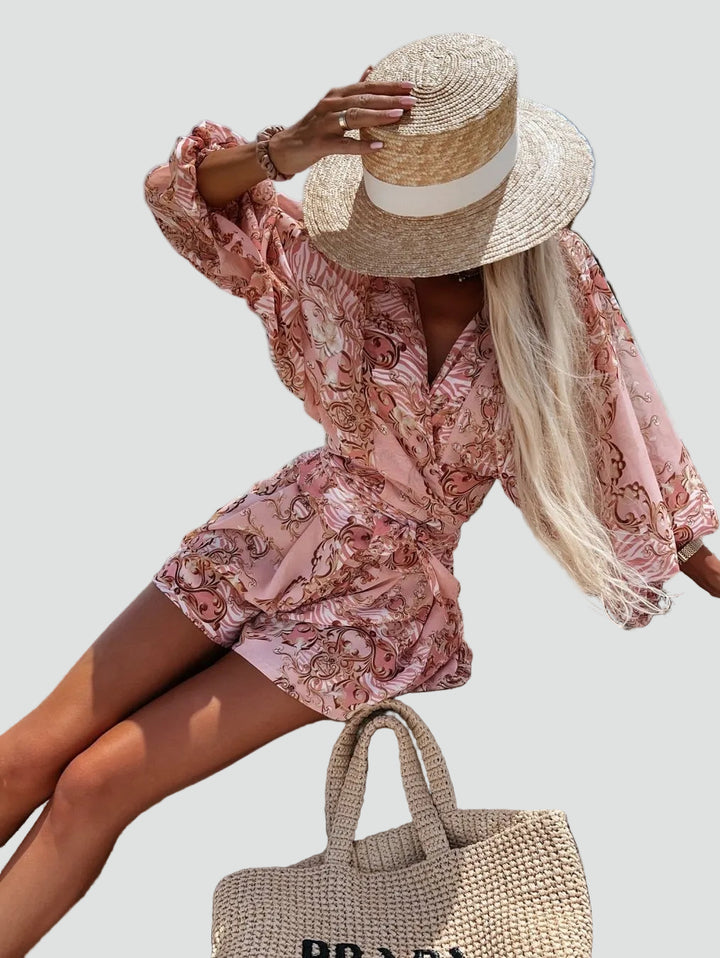 Letni kombinezon damski boho w kwiaty kopertowy z długim rękawem