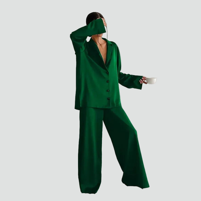 Women's satin-look pajama set with button-up shirt and pants