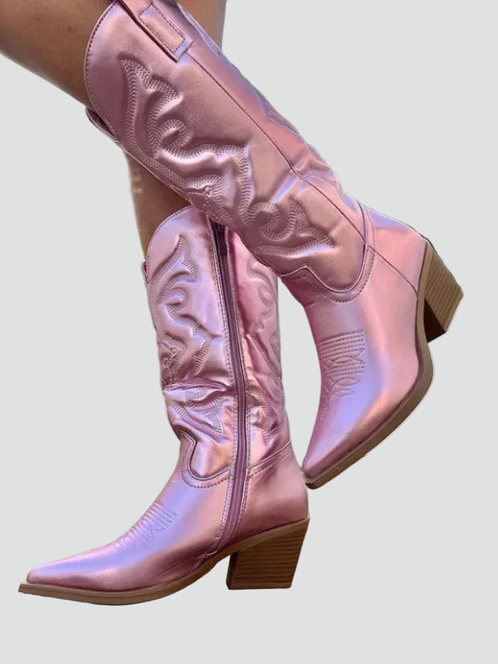 Women's knee-high cowboy boots with block heel, embroidery, and zipper western style