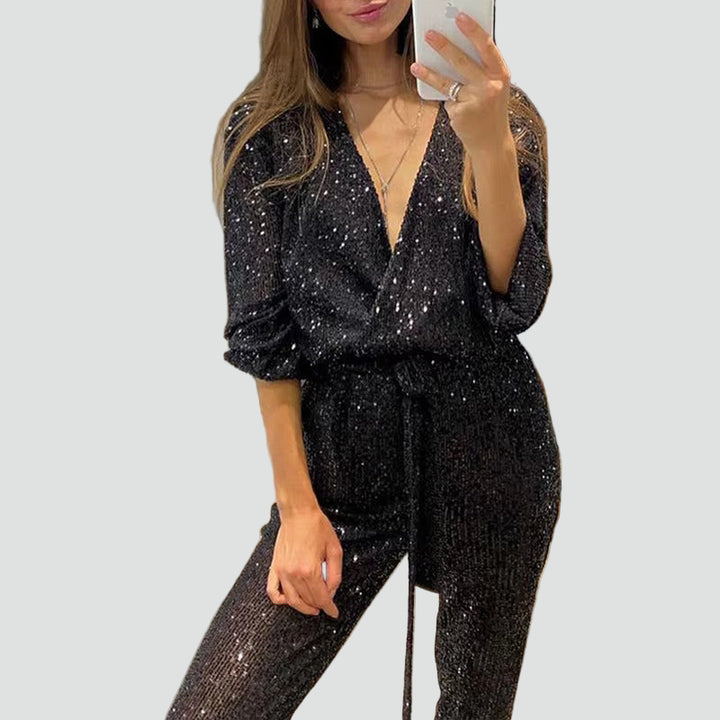 Glittery women's party jumpsuit with belt