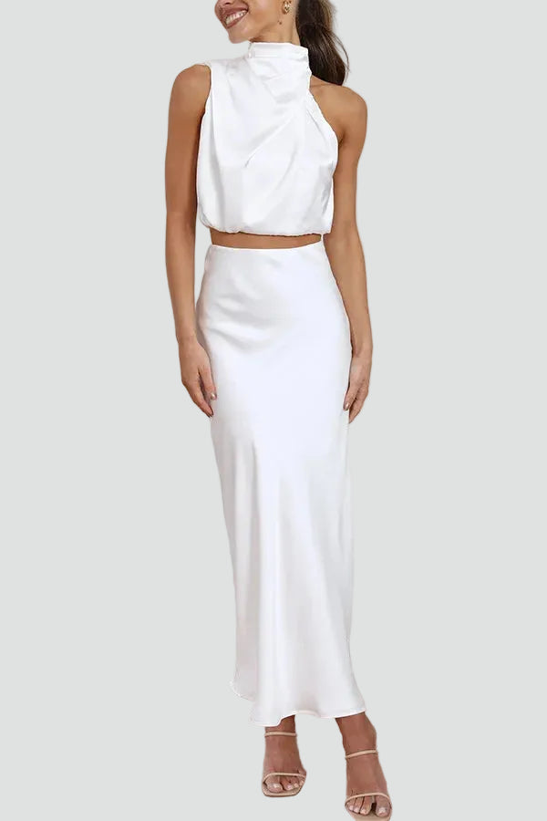 Elegant women's maxi set with a satin top and skirt