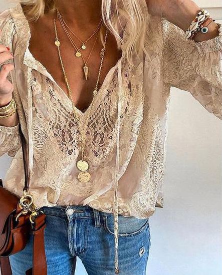 Women's boho lace blouse with tie and V-neck
