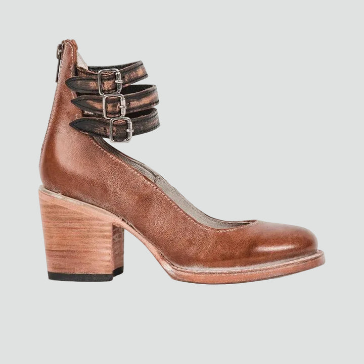 Botki na słupku z paskami i klamrami w stylu vintage