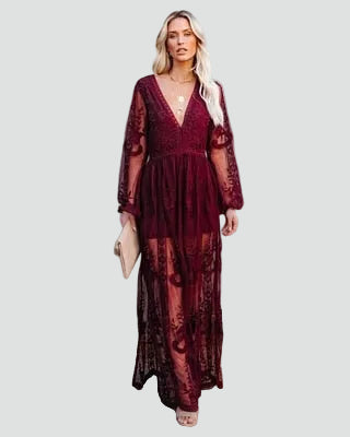 Women's lace maxi dress with embroidery and deep V-neckline