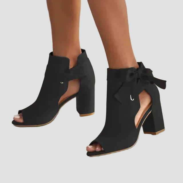 Peep toe block heel sandals with bow and cutout