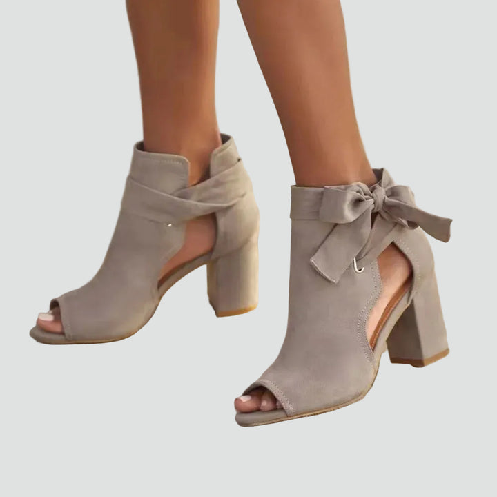 Peep toe block heel sandals with bow and cutout