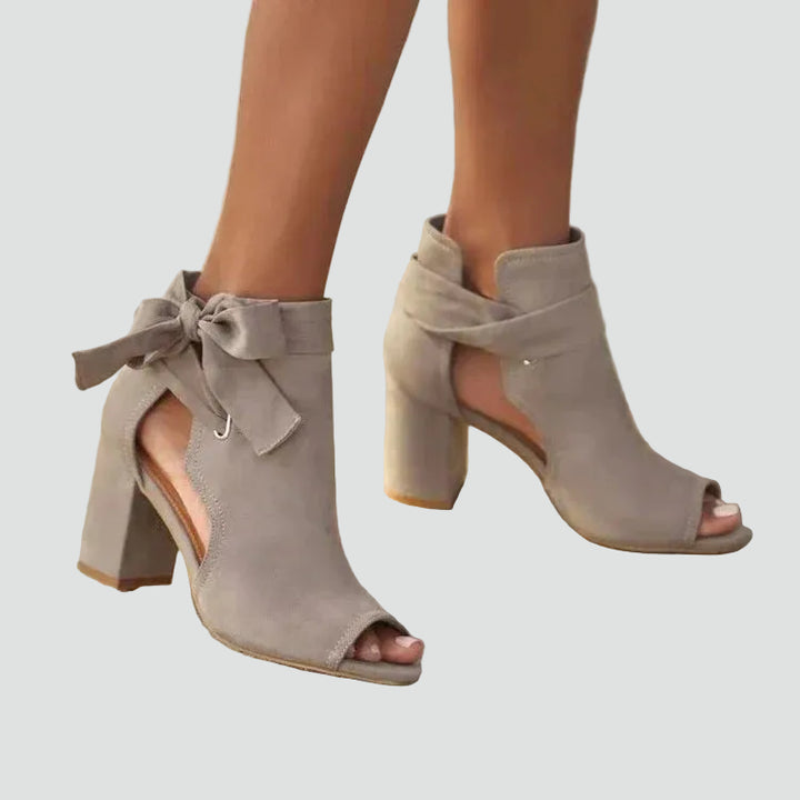Peep toe block heel sandals with bow and cutout