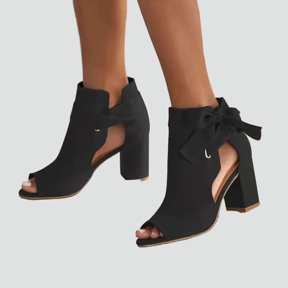 Peep toe block heel sandals with bow and cutout