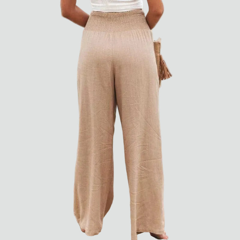 Summer palazzo pants with a gathered waist and loose fit