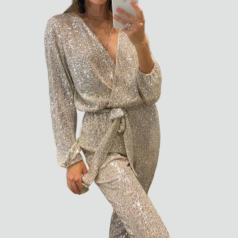 Glittery women's party jumpsuit with belt