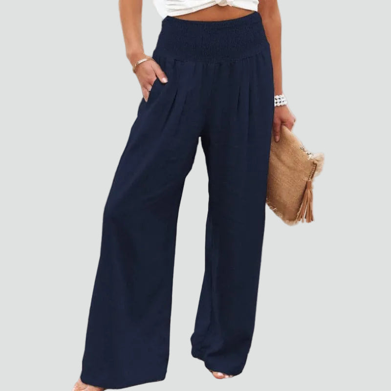 Summer palazzo pants with a gathered waist and loose fit