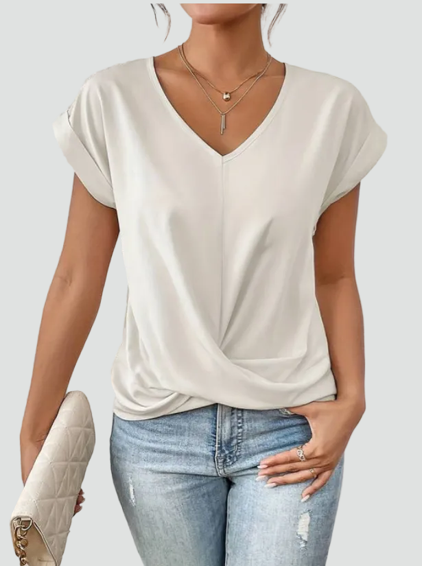 Loose women's V-neck top with front ruching