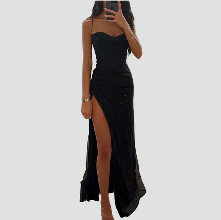 Brokatowa sukienka wieczorowa maxi z rozcięciem