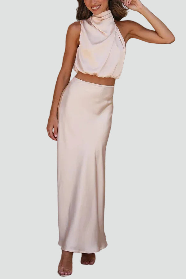 Elegant women's maxi set with a satin top and skirt
