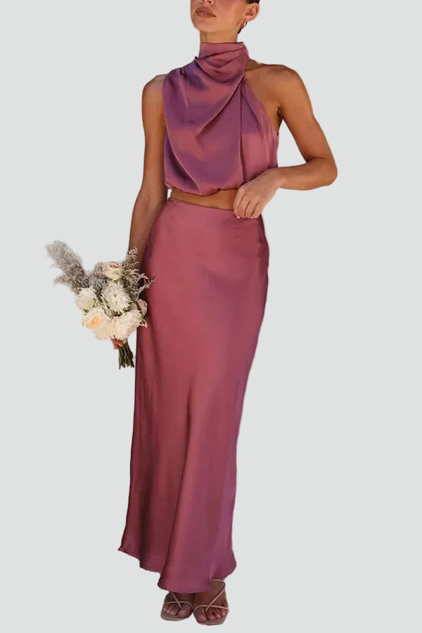 Elegant women's maxi set with a satin top and skirt