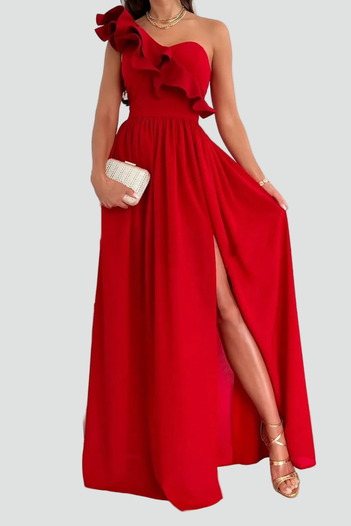 Maxi evening dress for a wedding with a slit and ruffle