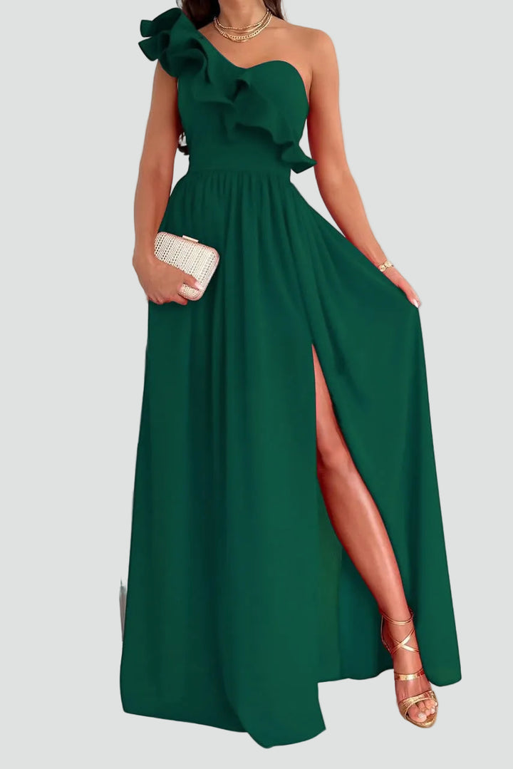 Maxi evening dress for a wedding with a slit and ruffle