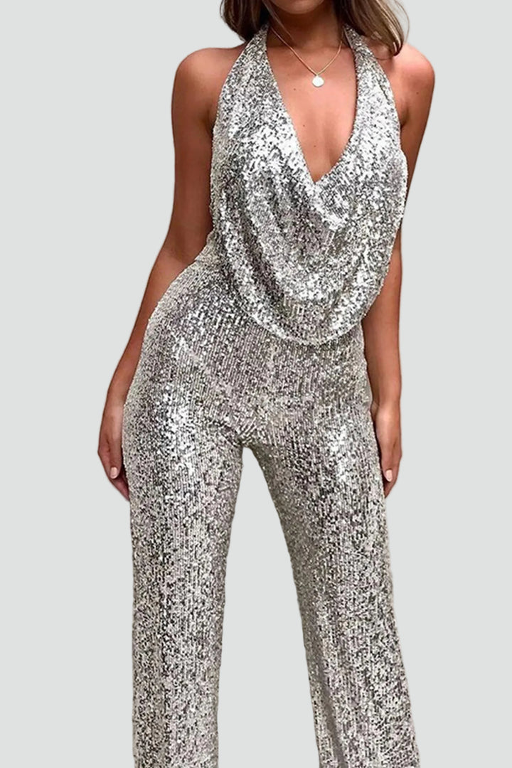 Evening jumpsuit with sequins and cowl neckline