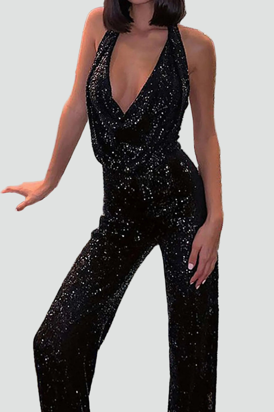 Evening jumpsuit with sequins and cowl neckline