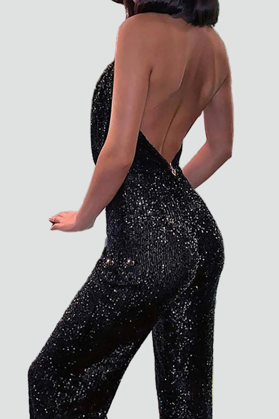 Evening jumpsuit with sequins and cowl neckline