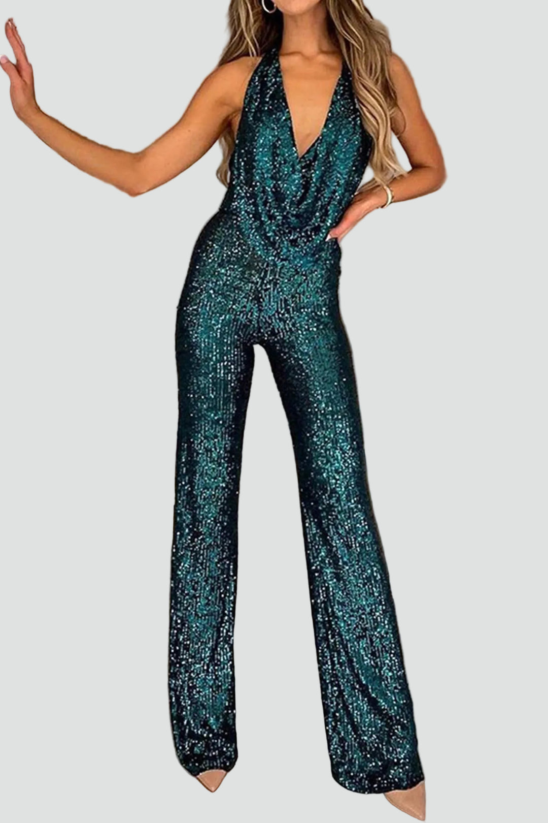 Evening jumpsuit with sequins and cowl neckline