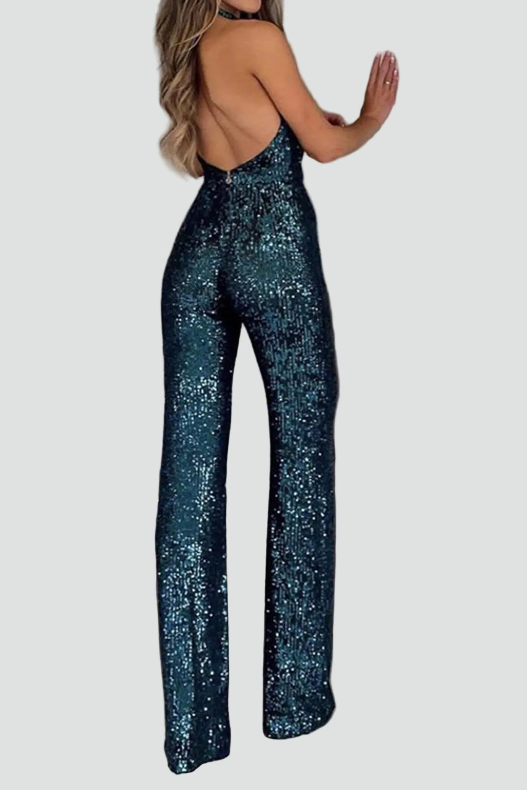 Evening jumpsuit with sequins and cowl neckline