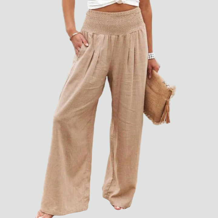 Summer palazzo pants with a gathered waist and loose fit