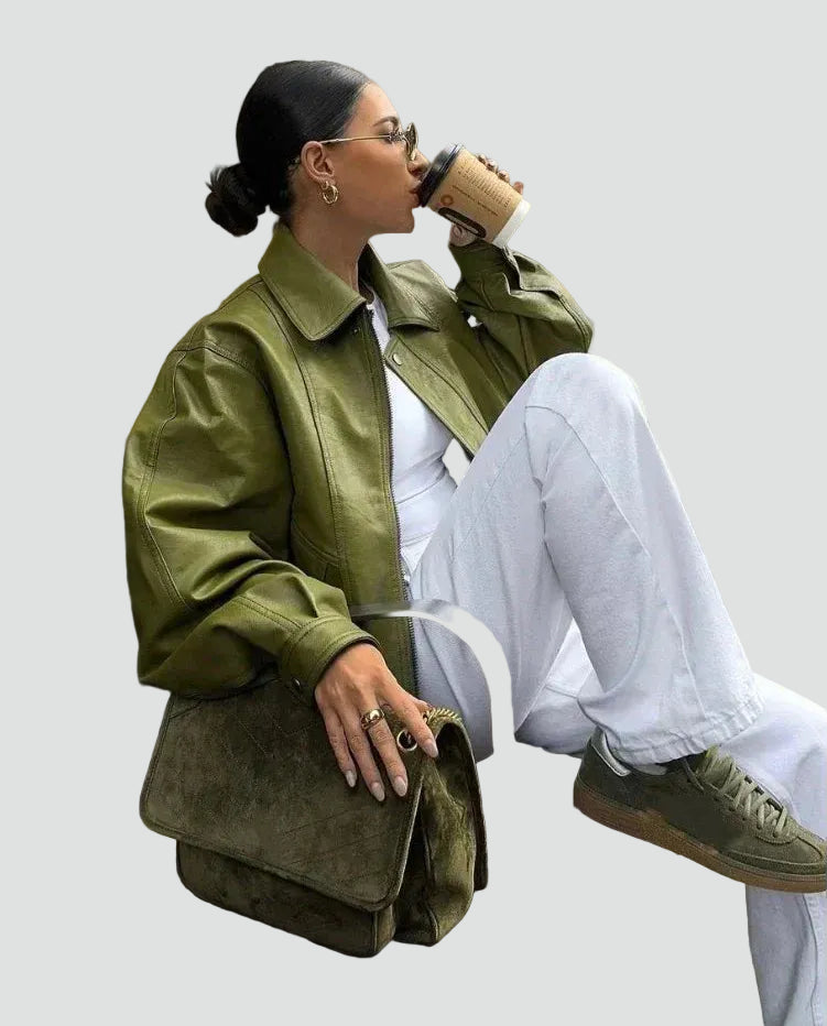 Women's oversized leather shirt jacket with collar for everyday wear