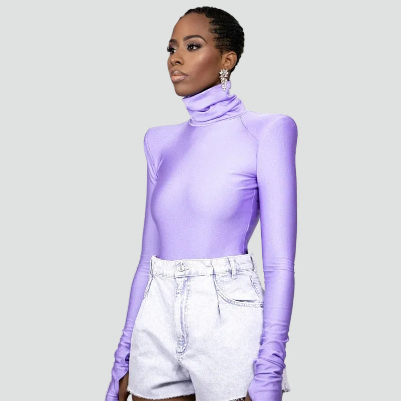Stylish turtleneck bodysuit with shoulder pads for women
