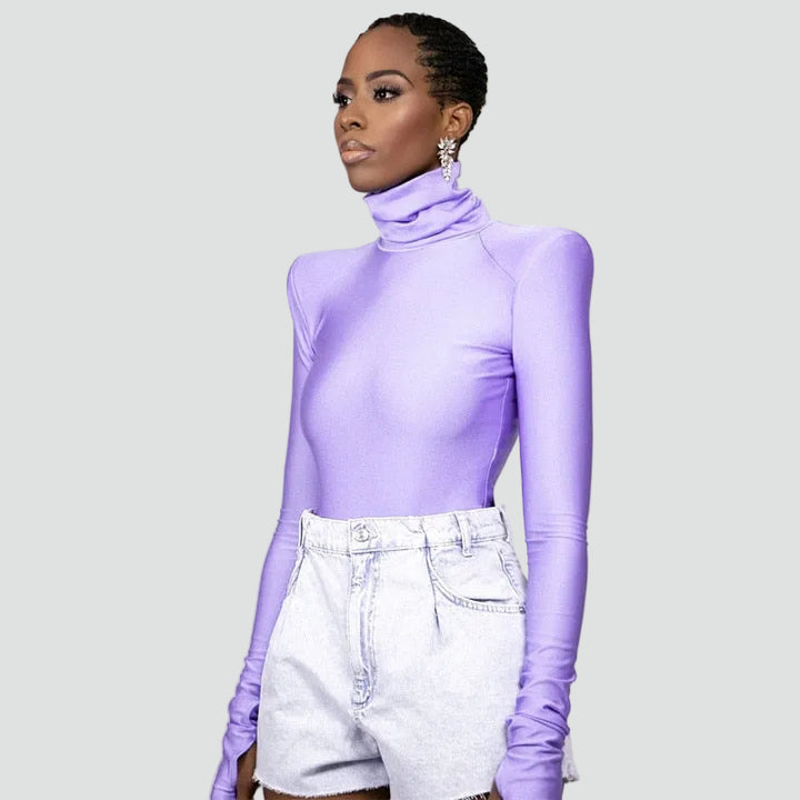 Stylish turtleneck bodysuit with shoulder pads for women