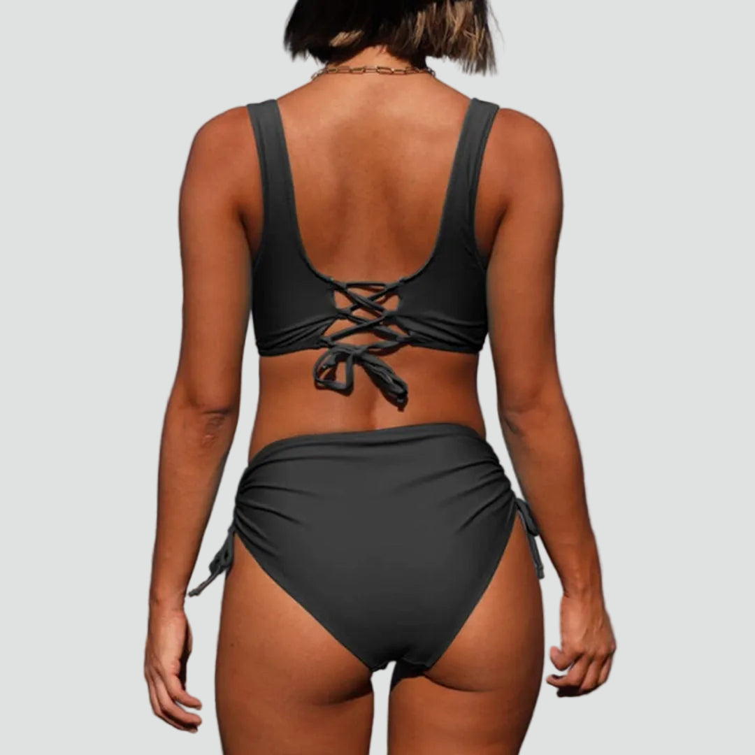 High-waisted bikini with a wrap top and tie closure