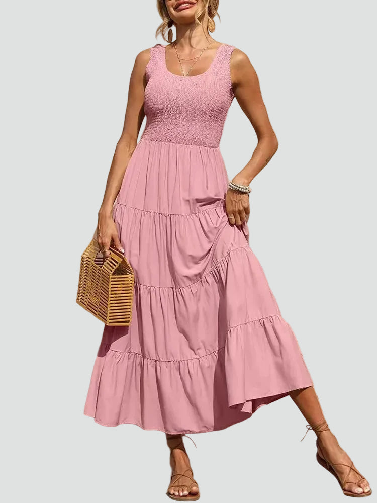 Ruched midi dress with wide straps, flared