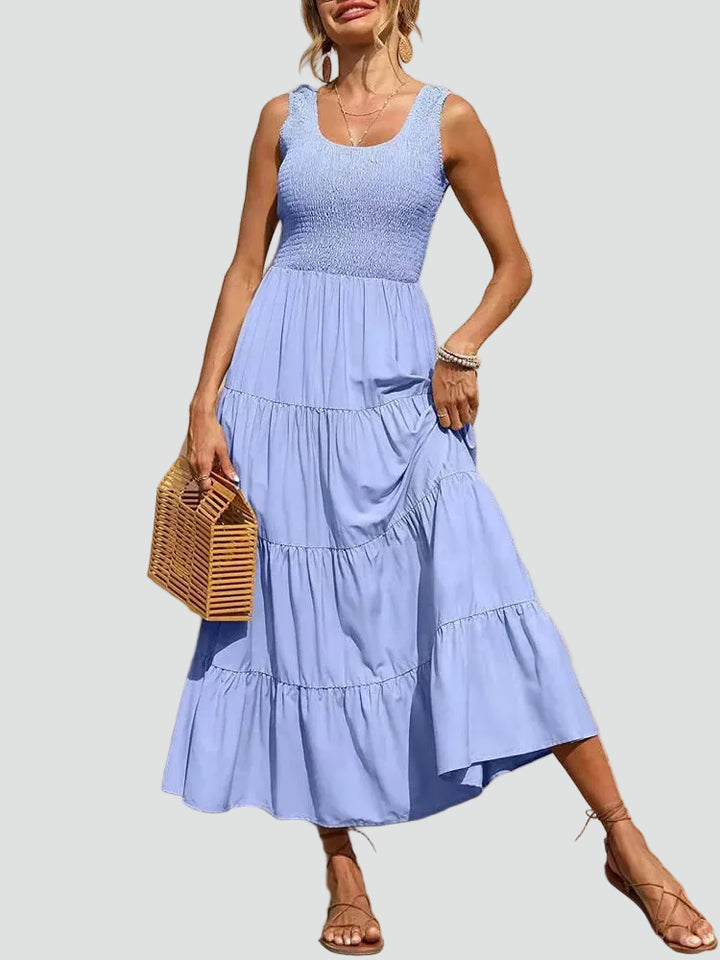 Ruched midi dress with wide straps, flared