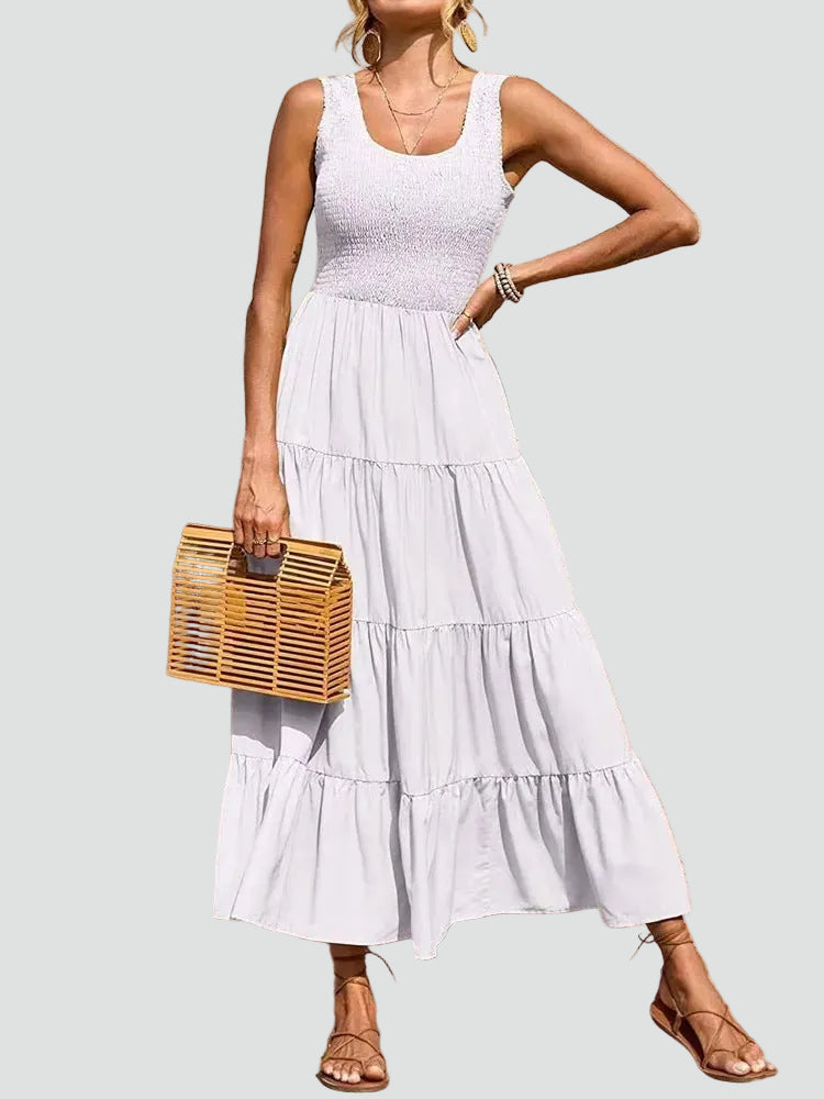 Ruched midi dress with wide straps, flared