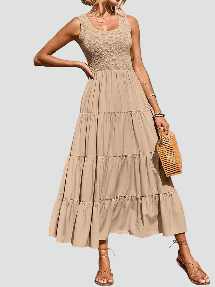 Ruched midi dress with wide straps, flared