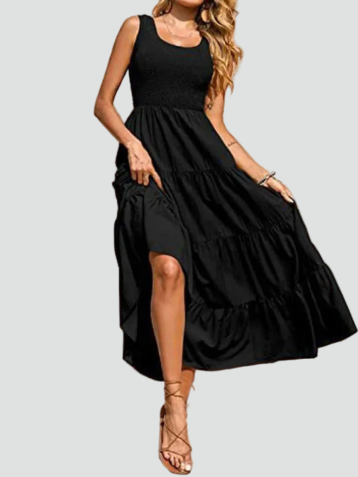 Ruched midi dress with wide straps, flared